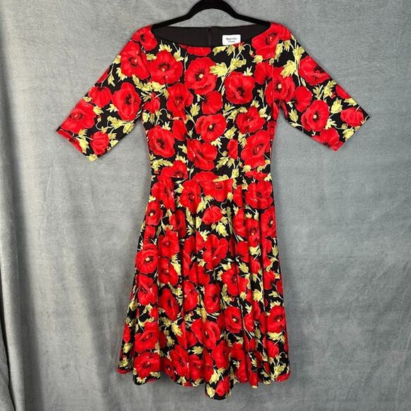 Magnolia Place Dress Womens Medium Red Floral Swing Pinup Rockabilly Retro Midi - Picture 1 of 11